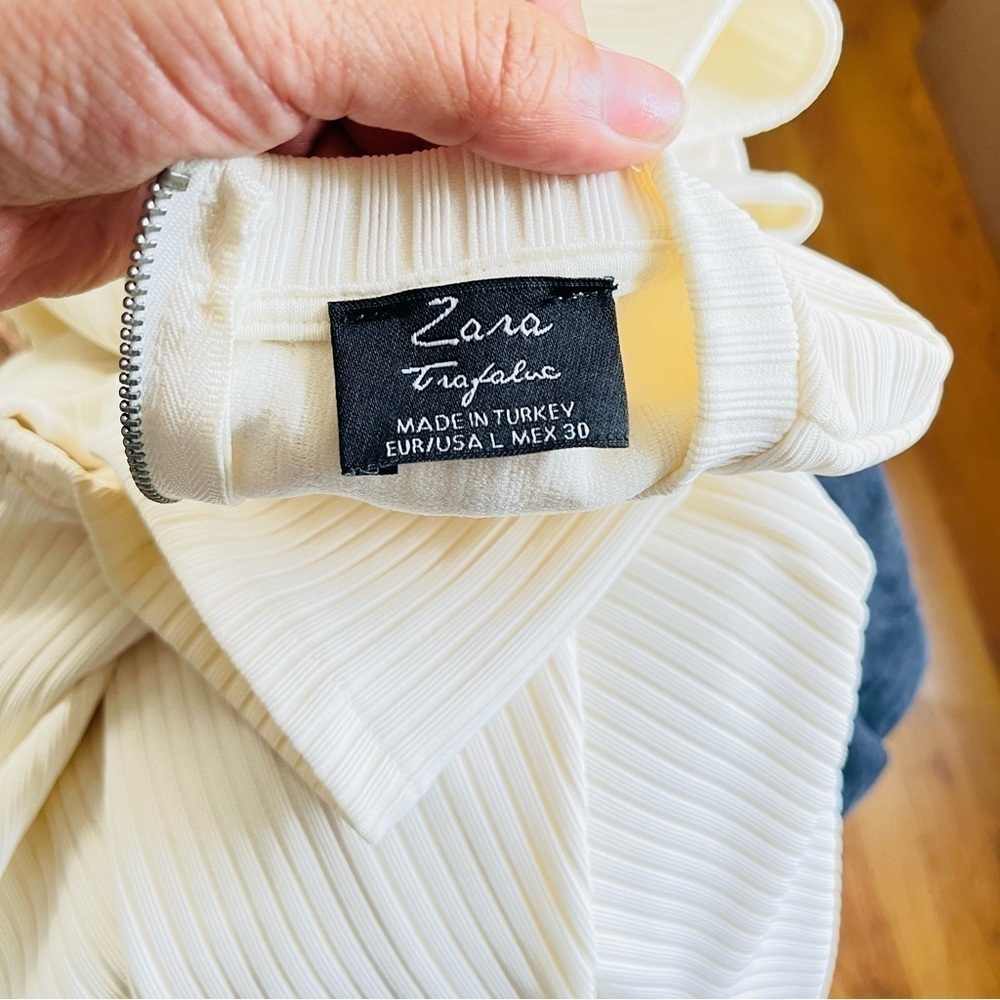Zara Cream Ribbed Cold Shoulder Midi Dress Large | Boho Bridal Chic Elegant - Picture 4 of 4